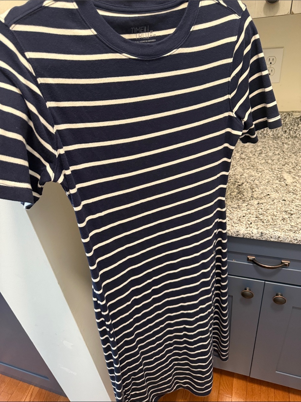 Time and Tru Navy and White Striped Midi T-Shirt Dress